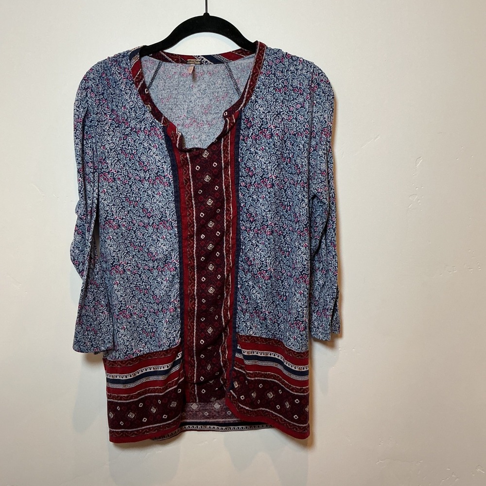 Free People Women's Boho Floral‎ Print Tunic Top Size L Blue Red Patterned